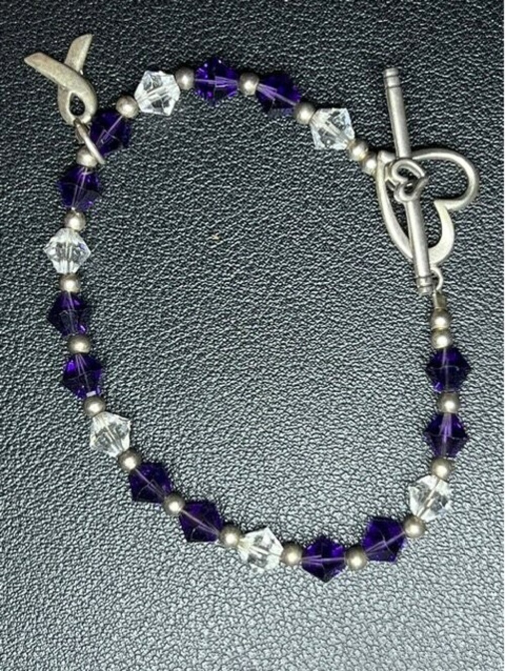 B7370 Sterling Silver Purple Crystal Bead heart Toggle Bracelet Ribbon 7.25"